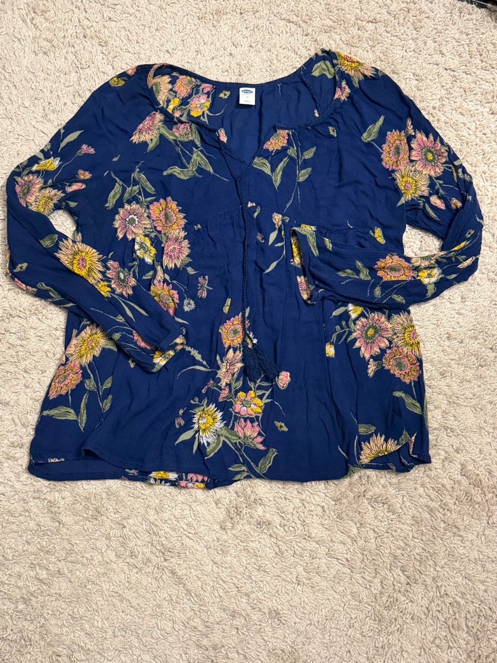 Old Navy Navy Floral Peasant Blouse with Pink & Yellow Flowers